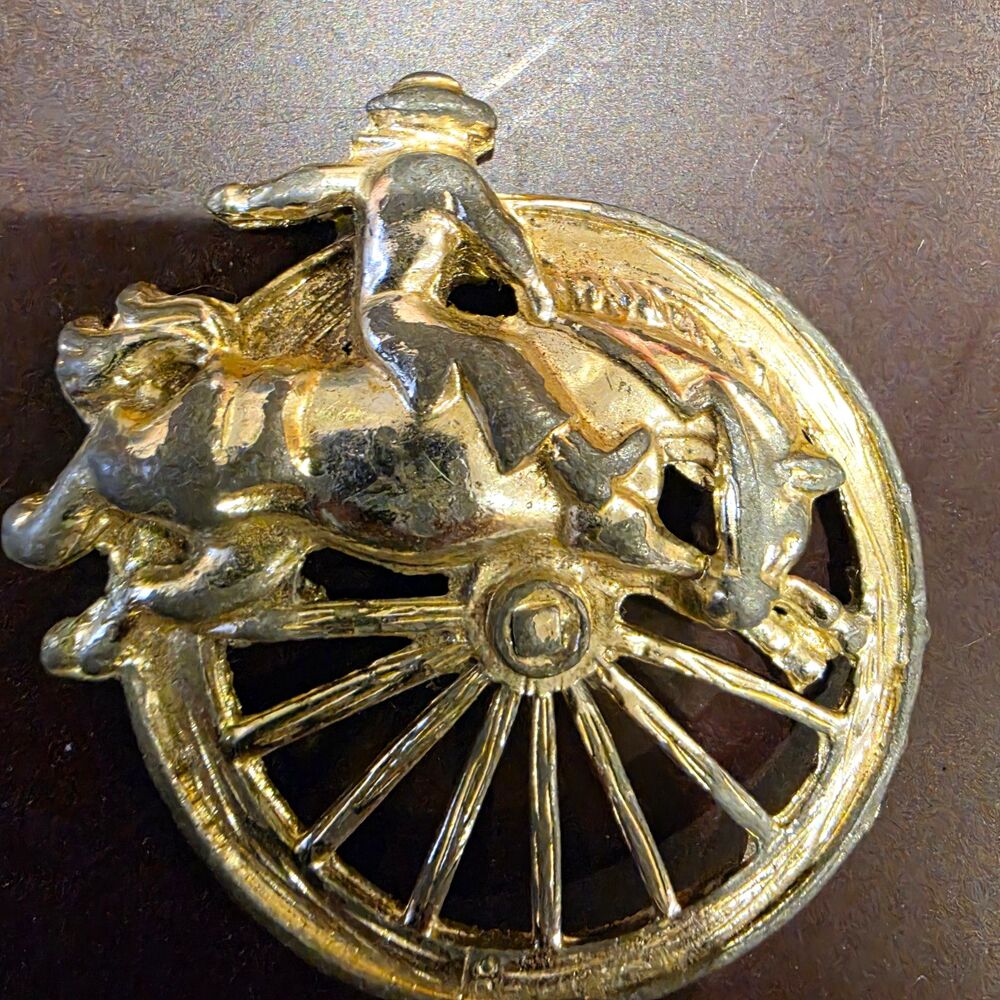 Vintage Gold Tone Cowboy Horse Jumping Wagon Wheel Ornament Finding No Pin